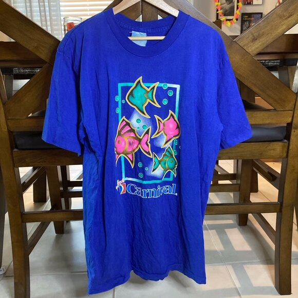 Vintage Retro Carnival Cruise Line Blue Fish Screen Print T Shirt Size XXL - Picture 1 of 5